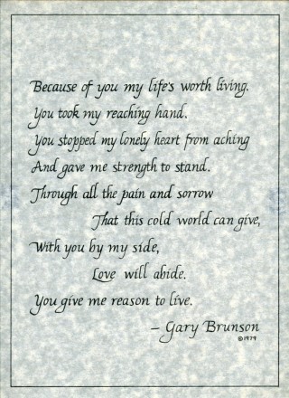 Poem "Because" calligraphy on parchment by Gary Brunson