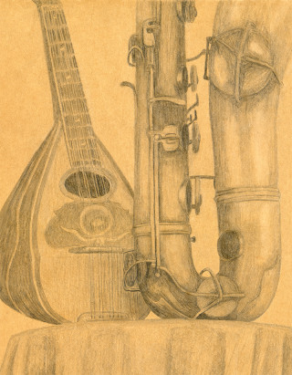 Pencil Drawing of Mandolin and Sax by Gary Brunson